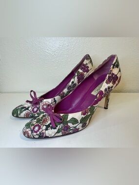 Isaac Y2K Silk Floral Cream and Purple Bow Heels Dress Pumps‎ Size 10
